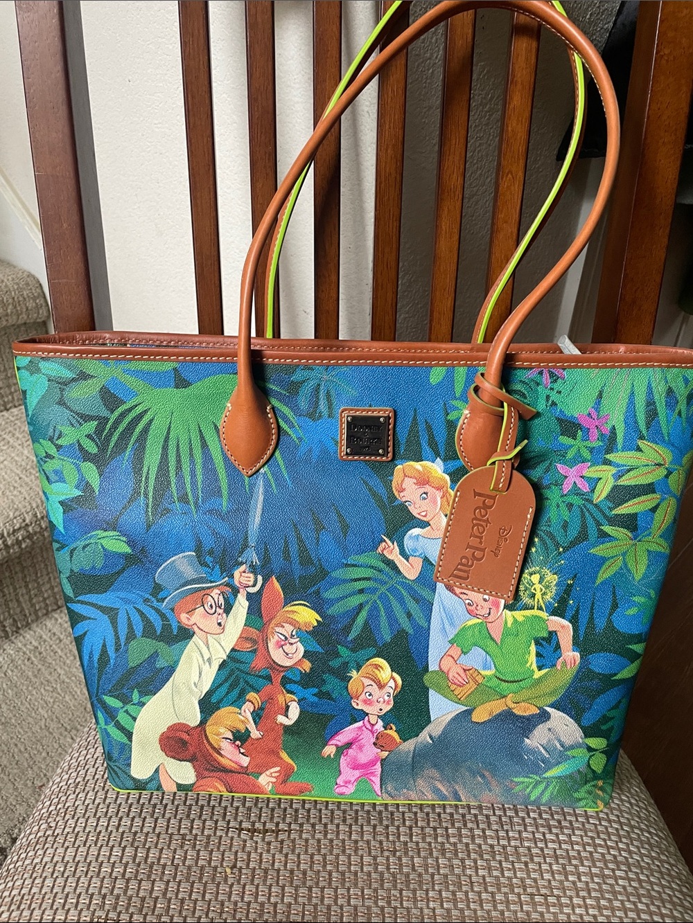 Disney Dooney & Bourke Blue Tropical Peter Pan Tote with Tan Trim